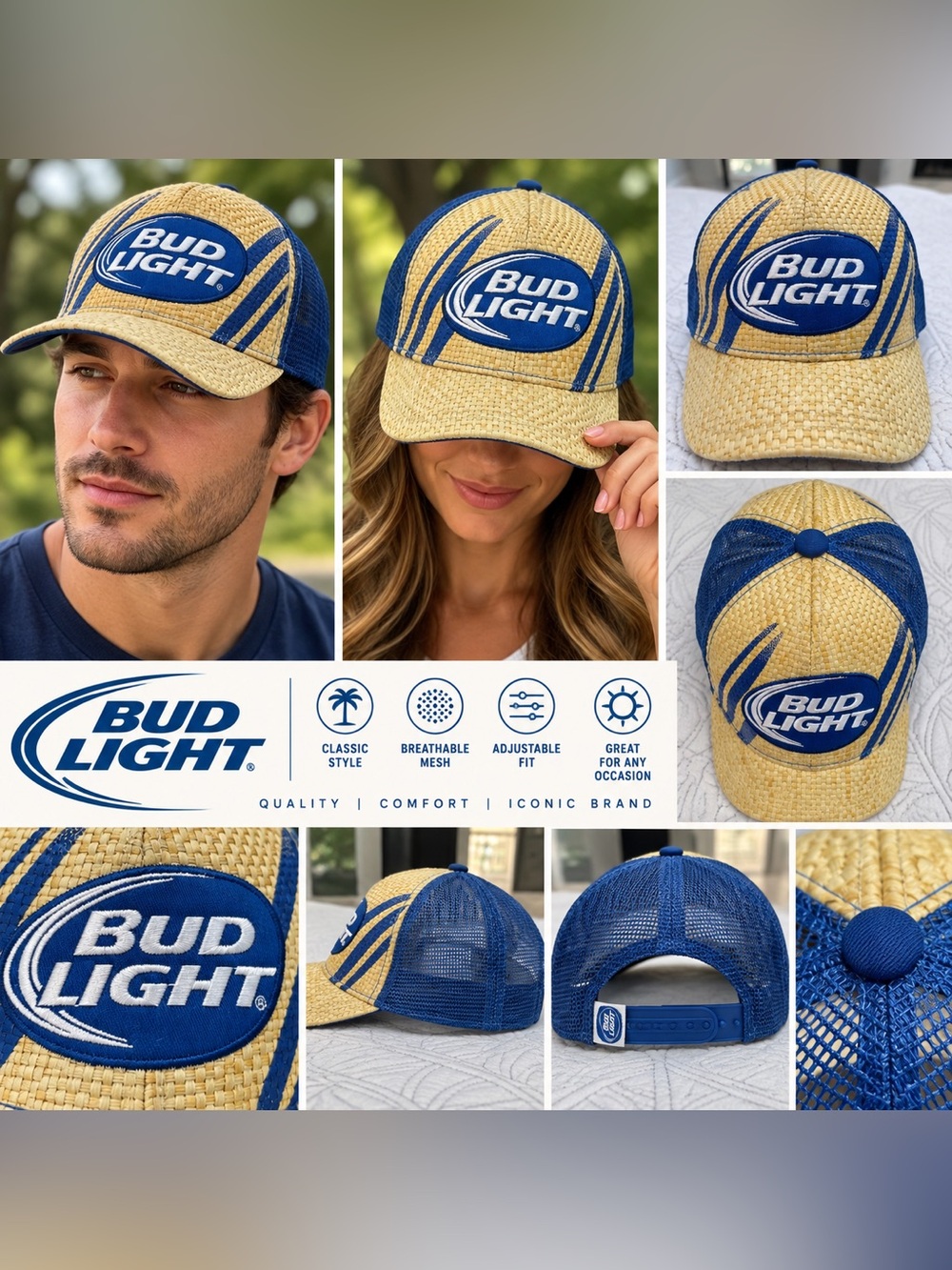 Bud Light Straw Trucker Hat Blue Mesh Snapback Beer Logo Adjustable Cap